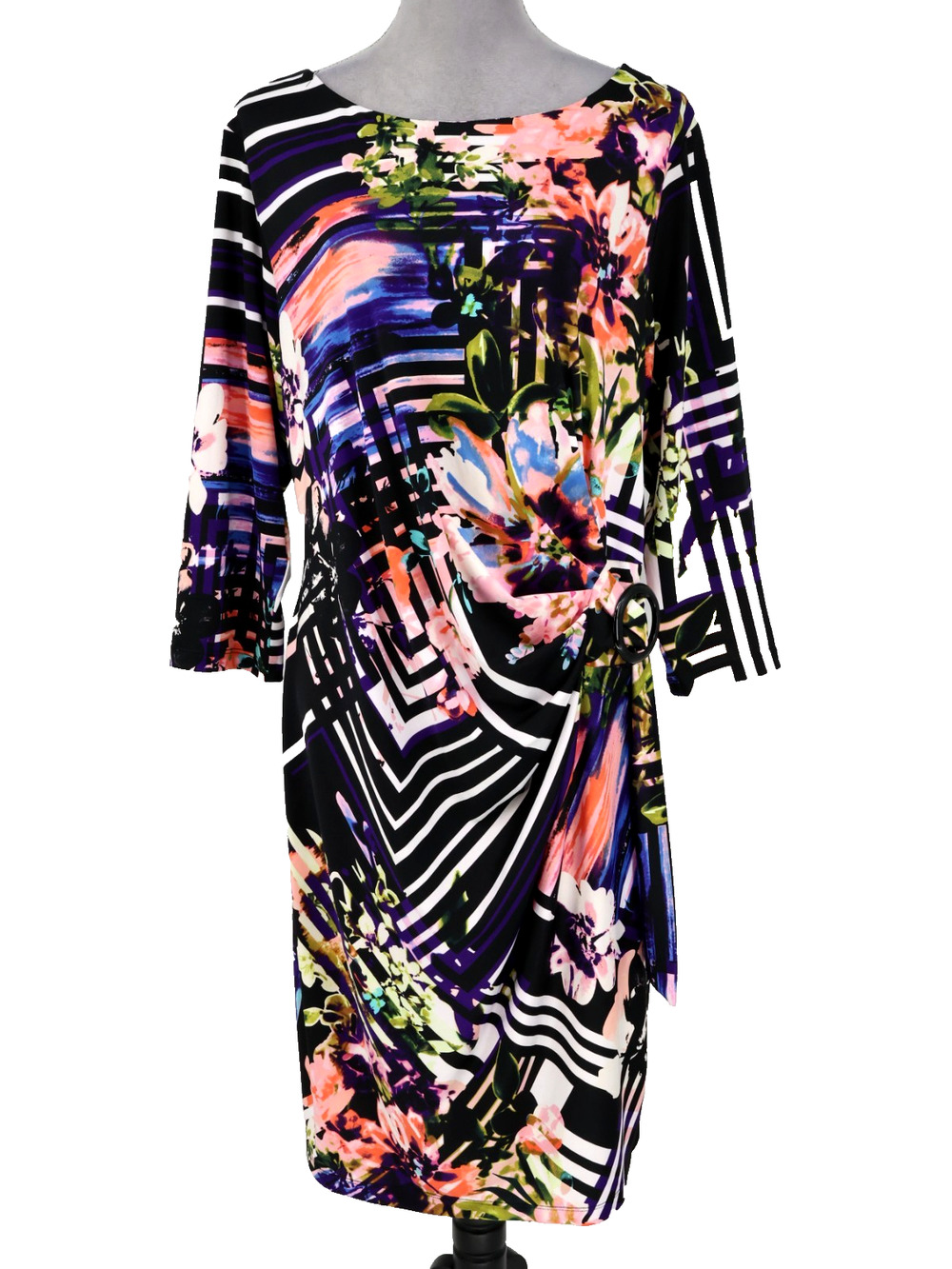 Shelby and Palmer Dress Plus Size 2X Black Pink Print Stretch Knit Ruched Side
